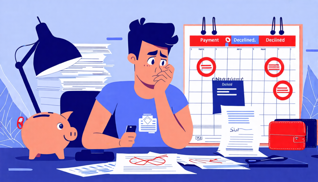 A frustrated freelancer sitting at a desk, surrounded by unpaid invoices and a calendar with overdue dates circled in red. The freelancer is holding a phon
