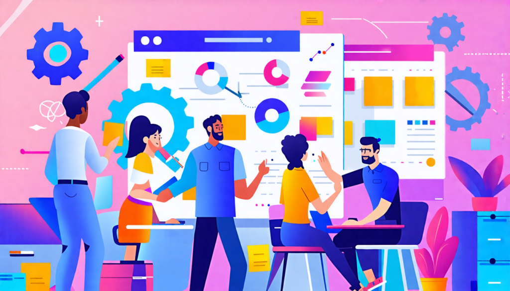 An abstract illustration of a diverse team of professionals collaborating in a creative workspace, surrounded by colorful tools and digital devices. The scene showcases the concept of delegation and t