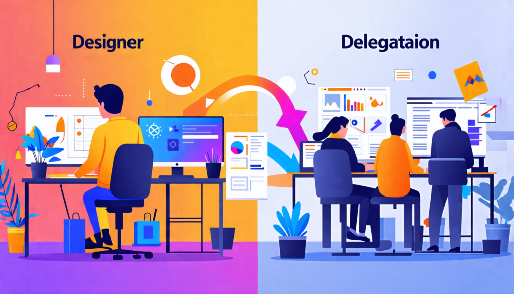 A split-screen image: on one side, a freelancer confidently working at a desk with multiple monitors, and on the other side, a diverse group of people repr