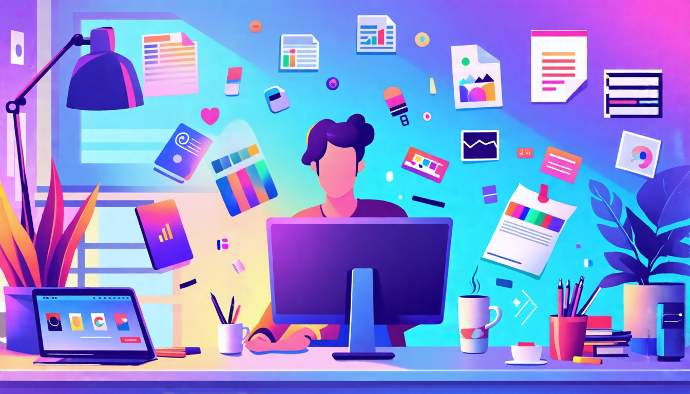 A vibrant digital workspace with various creative tools floating around a stylized freelancer figure. The figure is seated at a sleek desk with a modern co