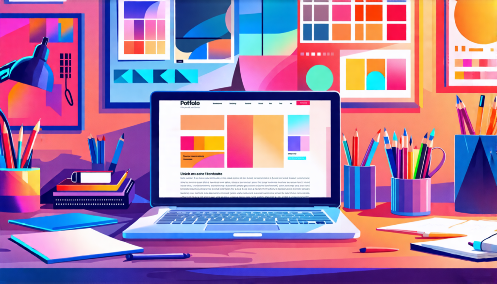 A stylish graphic designer's workspace with an open laptop displaying a colorful, modern portfolio website. The desk is neatly organized with design tools,