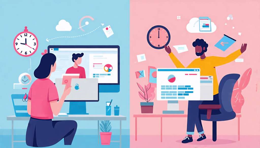 A split-screen image: on one side, a freelancer confidently presenting their work to a client via video call, showcasing communication skills. On the other