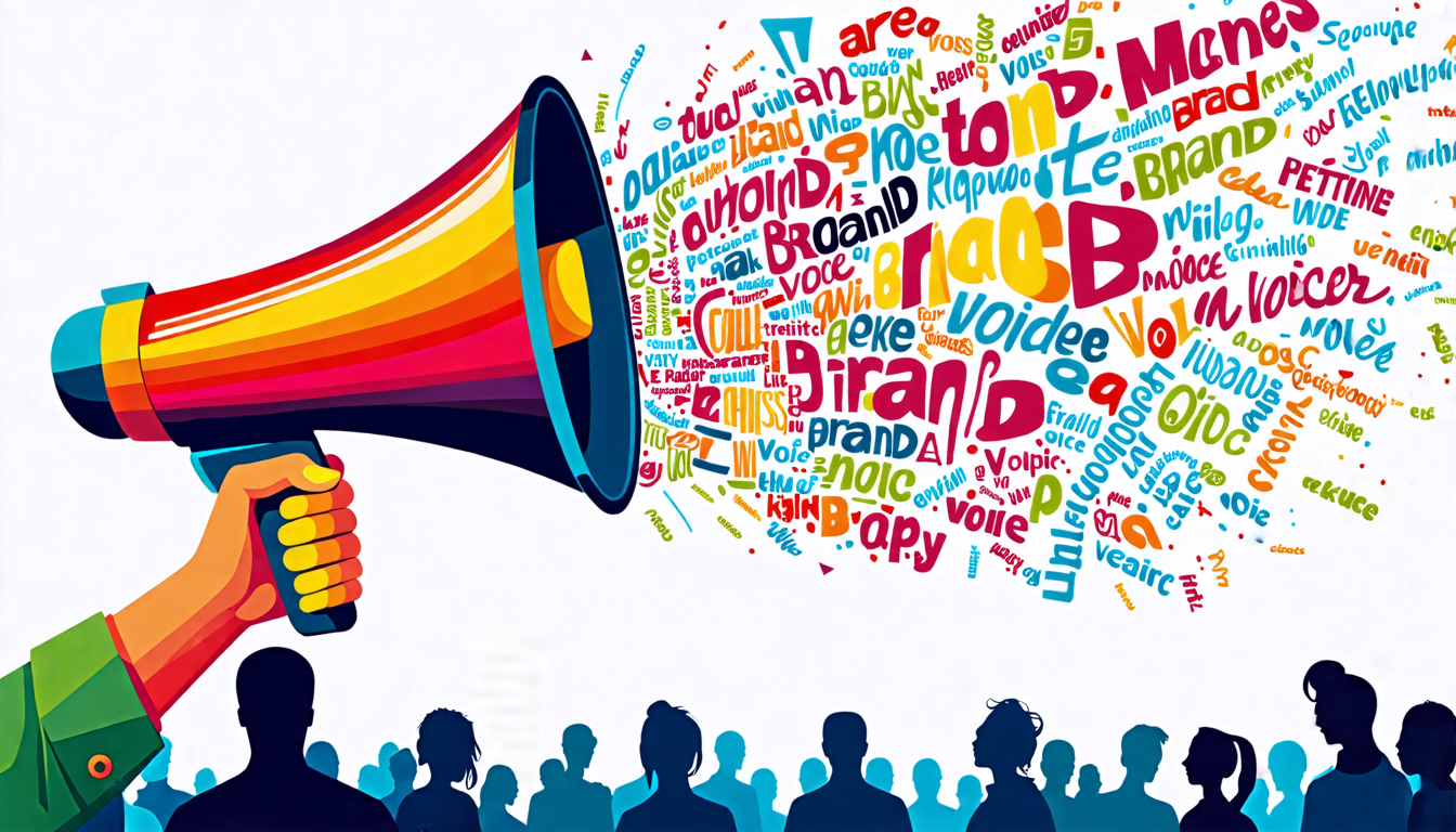 A colorful megaphone emitting vibrant, swirling letters and words in different fonts and styles, representing a unique brand voice. The megaphone is held b