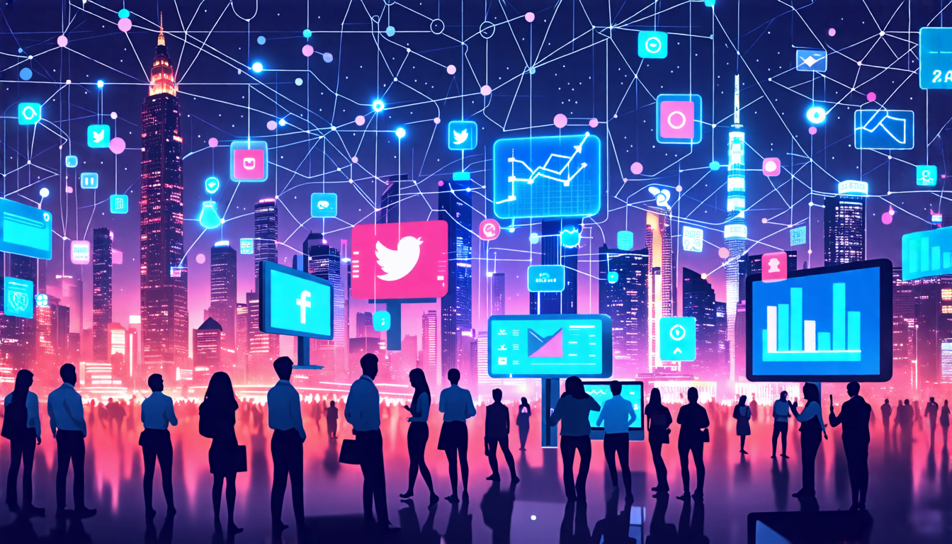A futuristic cityscape with towering skyscrapers covered in colorful digital billboards and holographic advertisements. In the foreground, a diverse group