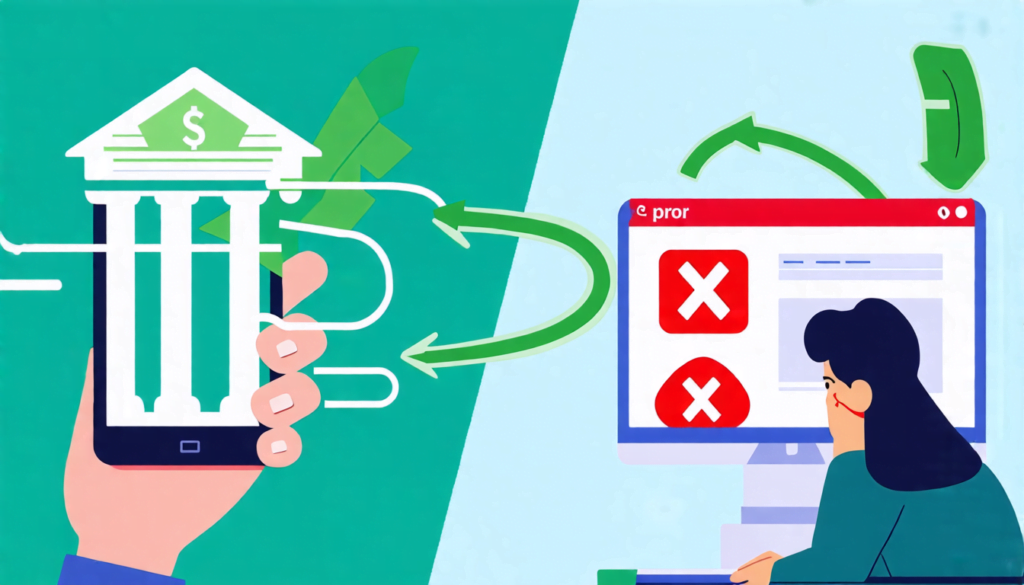 A split-screen image: on the left side, a smiling person using a smartphone to make a bank transfer with green arrows flowing from the phone to a bank buil