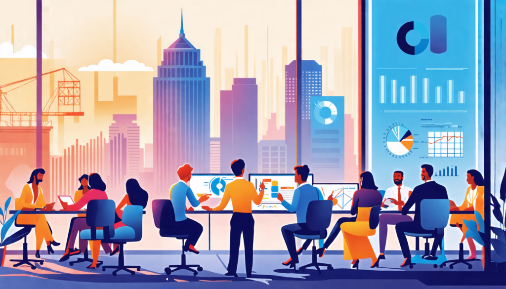 An artistic representation of diverse professionals collaborating in a modern Nashville office space, showcasing a blend of creativity and teamwork. Include iconic Nashville landmarks in the backgroun