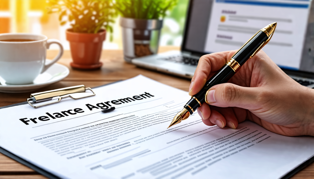 A close-up image of a hand holding a fountain pen, writing on a professional-looking contract document. The document is titled Freelance Agreement at the t