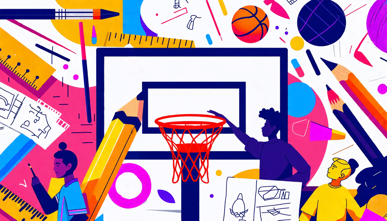 A colorful, stylized image of a basketball hoop with a pencil as the net, surrounded by various design tools like paintbrushes, rulers, and color swatches.