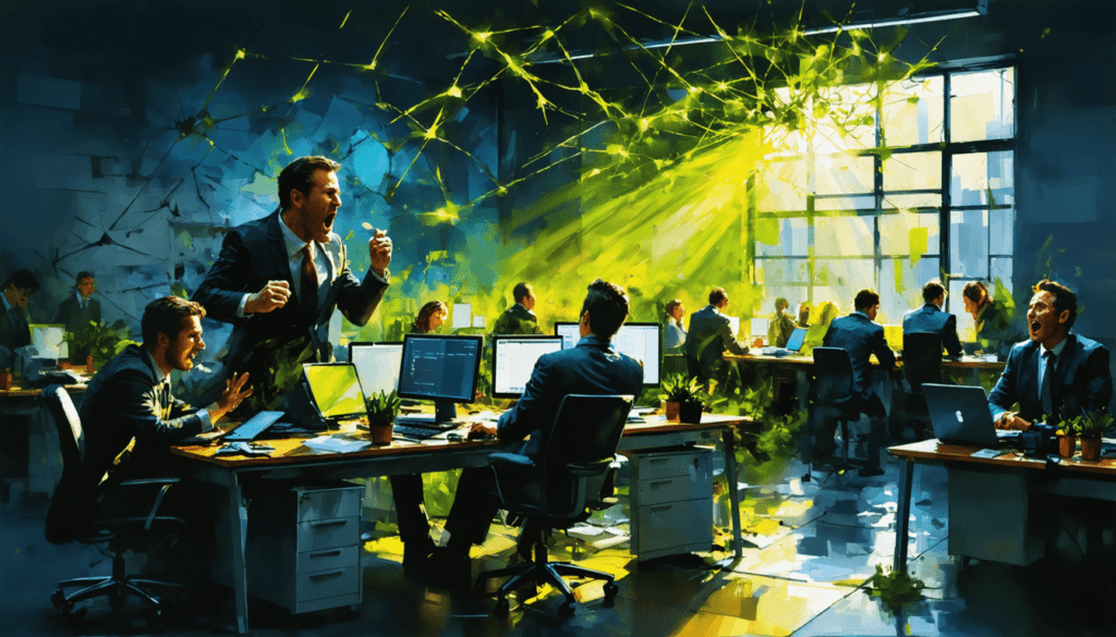 An artistic representation of a dysfunctional workplace environment, featuring a chaotic office scene with employees looking frustrated and disengaged. Include visual indicators of poor leadership lik