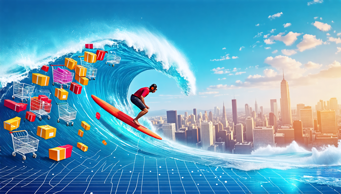 A surfer riding a giant wave made entirely of shopping carts, laptops, and smartphones. The wave is cresting with colorful product boxes and packages. In t