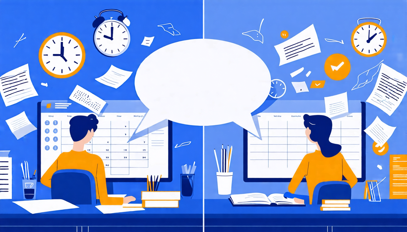A split-screen image: on one side, a person calmly working at a tidy desk with a well-organized calendar and clock, while on the other side, the same perso