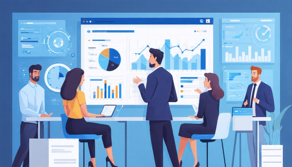 An illustration of a professional financial advisor confidently engaging with diverse clients in a modern office setting, showcasing effective strategies for relationship building. The scene includes