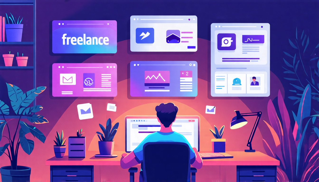 A digital workspace scene with a freelancer sitting at a home office desk, surrounded by multiple floating screens showing various freelance platforms like