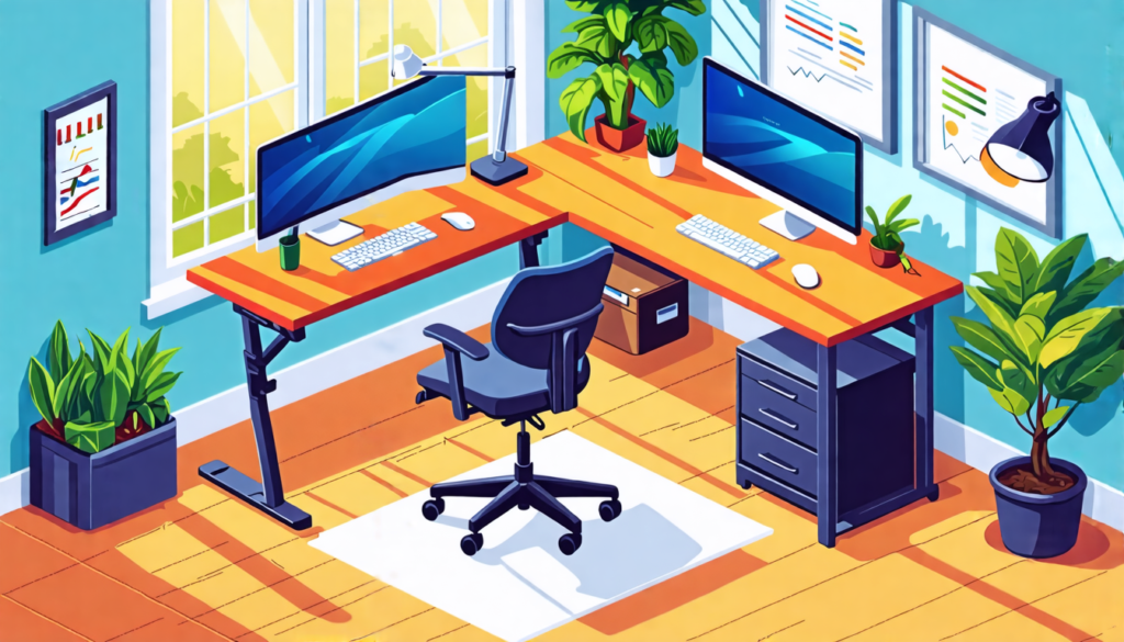 A detailed, isometric illustration of a modern home office setup, highlighting ergonomic features. The image includes an adjustable standing desk, ergonomi
