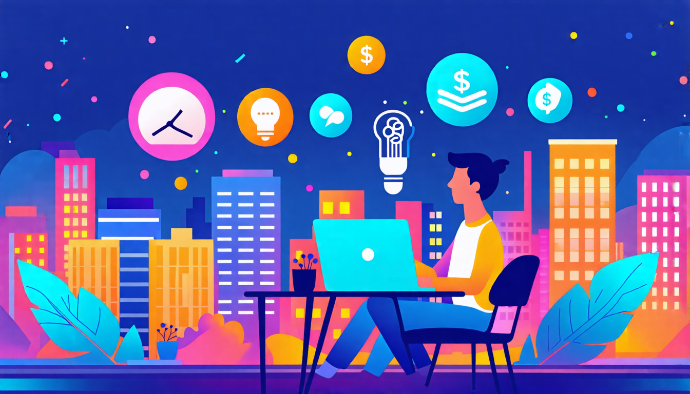 A digital illustration of a freelancer juggling various skills represented by colorful icons. The freelancer is seated at a modern workspace with a laptop,