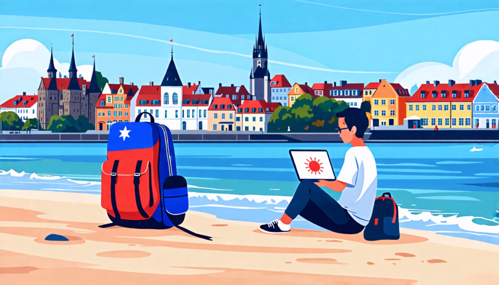 A modern digital nomad sitting with a laptop on a picturesque Estonian beach, with a Philippine flag visible on their backpack. In the background, a mix of