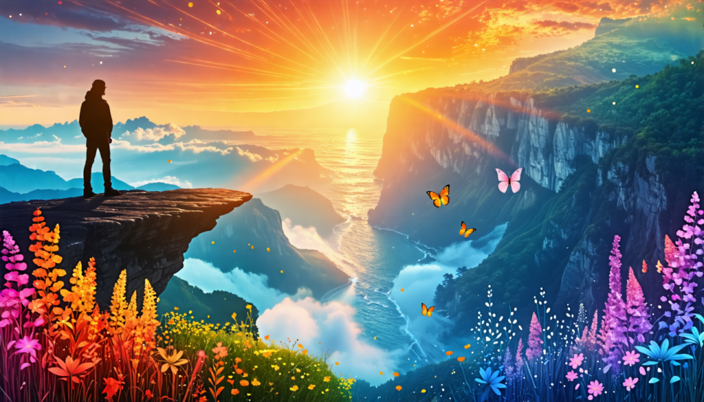 Create an image of a person standing at the edge of a cliff, looking out over a breathtaking landscape that represents personal growth and transformation. The individual is depicted as half their prev