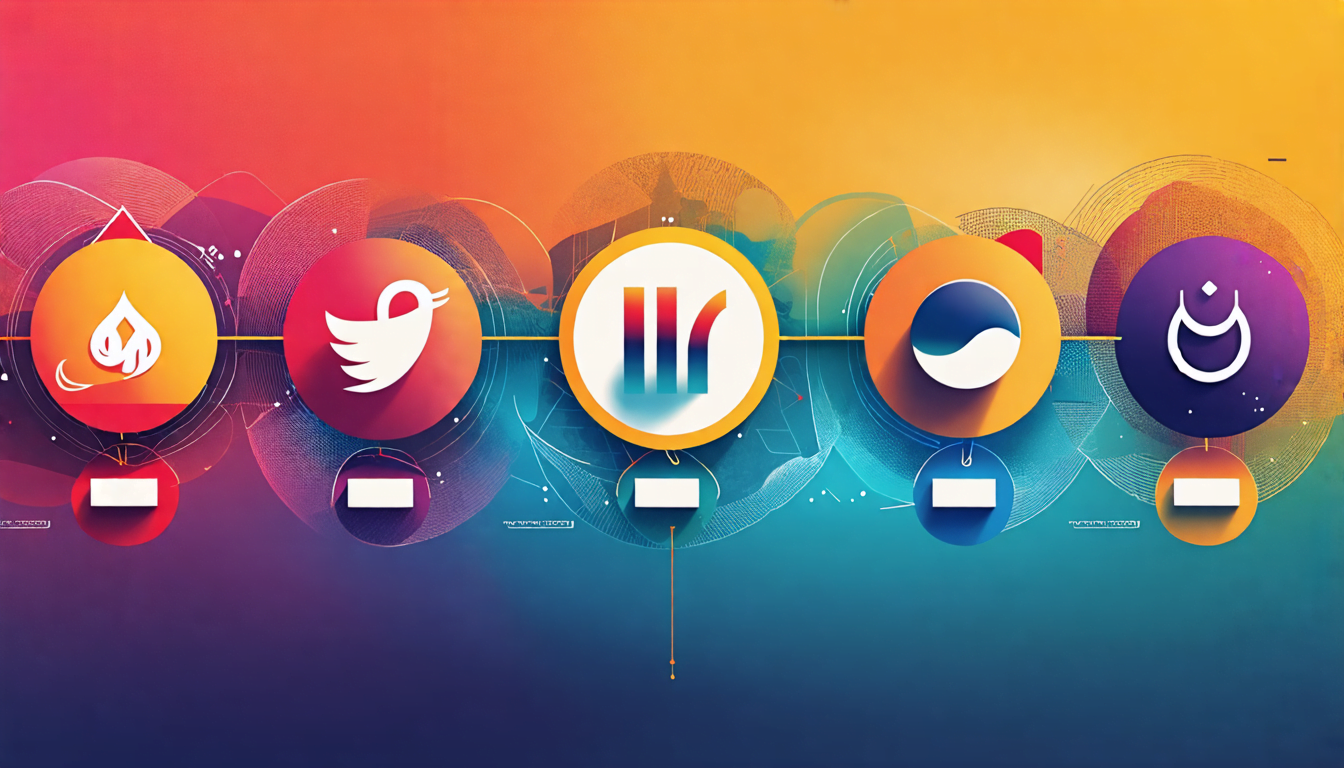 A timeline-style image showing a brand logo morphing and evolving through different stages, from simple to complex. Each stage reflects changing design tre