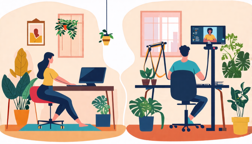 A split-screen image: On one side, a person in casual work-from-home attire doing yoga poses next to a desk with a laptop. On the other side, the same pers