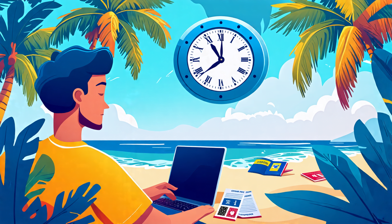 A digital nomad sitting on a tropical beach with a laptop, surrounded by travel documents and visa stamps. In the background, a clock face is visible in th