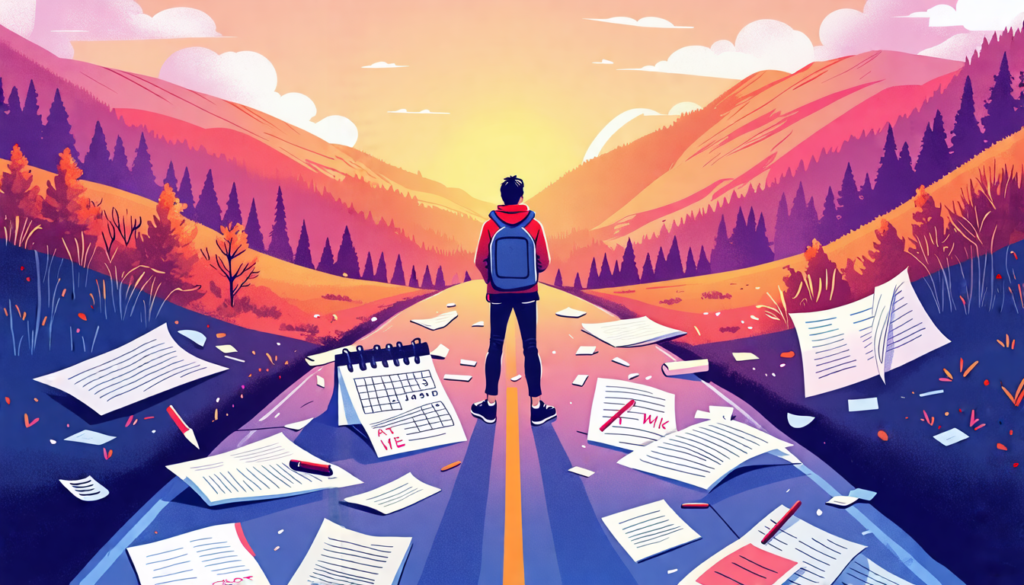An illustration of a person standing at a fork in the road, one path leading to a pile of unfinished tasks and the other leading to a serene landscape. The person looks contemplative, with a mix of an