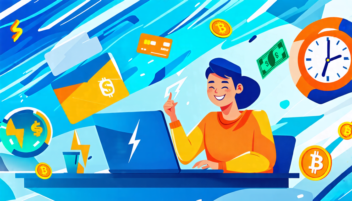 A vibrant digital illustration showing a smiling freelancer at a desk with a laptop, surrounded by various fast payment symbols floating around them. The s