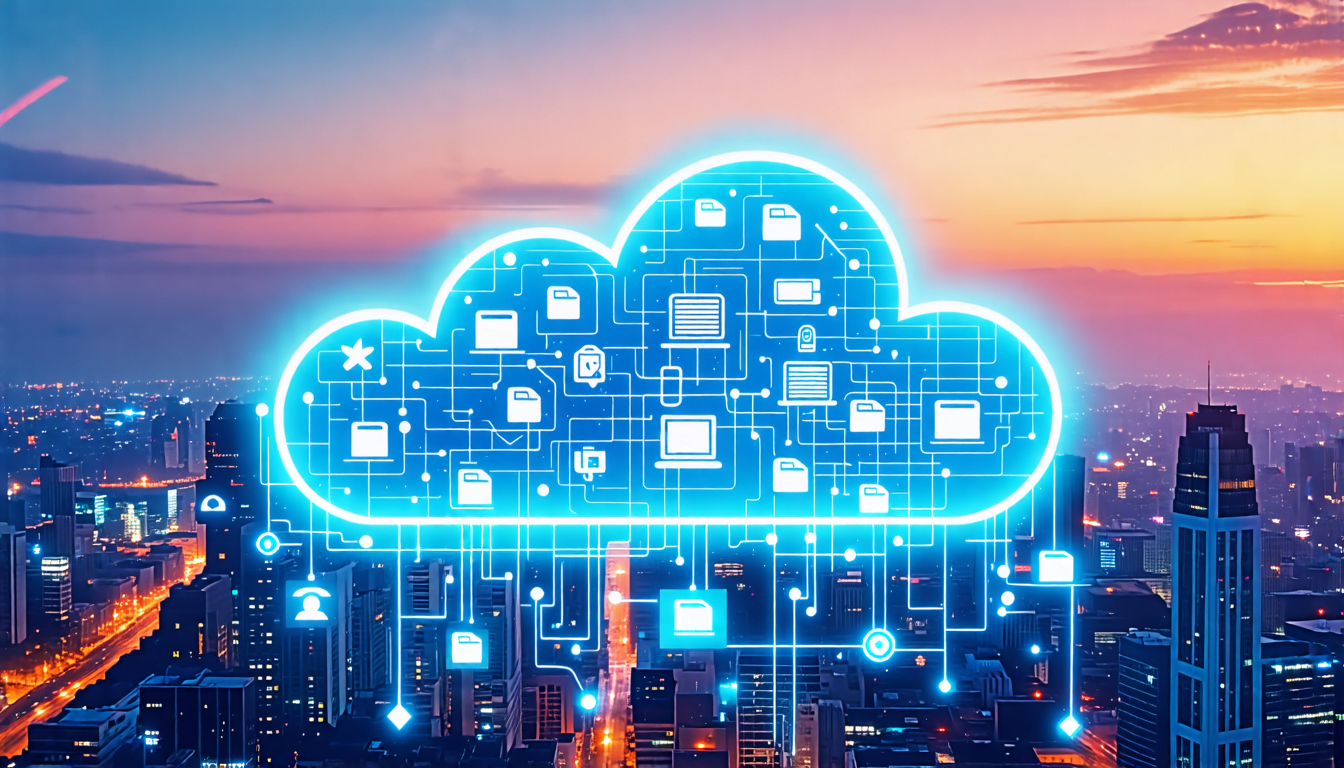 A digital cloud floating above a cityscape, with various file icons (documents, images, videos) flowing into and out of the cloud. The cloud is connected t