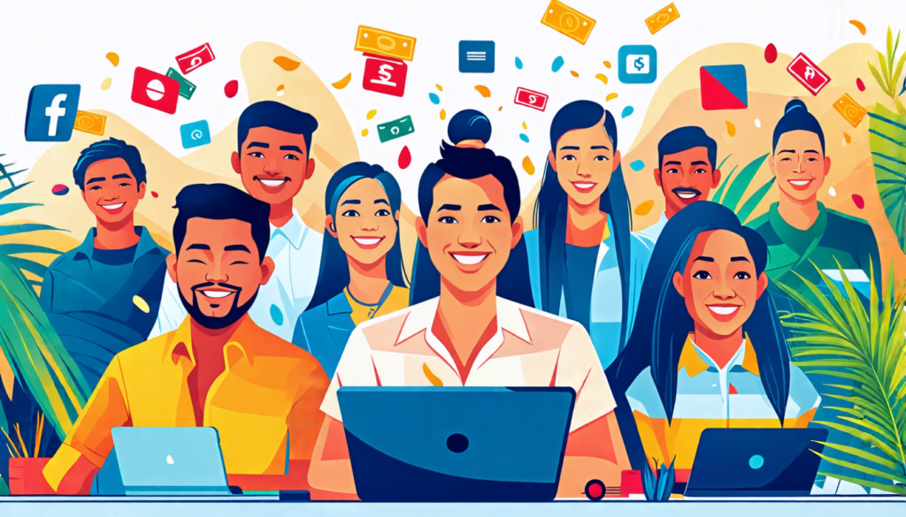 A vibrant digital illustration showing a diverse group of smiling Filipino professionals working on laptops in a tropical setting. The scene blends modern