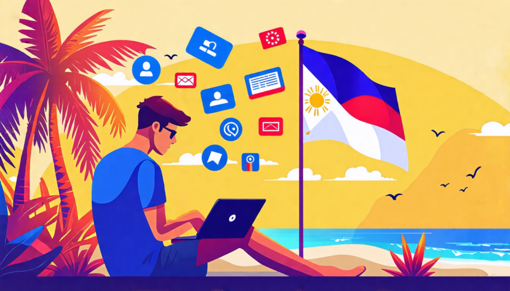 A digital nomad sitting on a tropical beach with a laptop, Philippine flag visible nearby, surrounded by icons representing various remote work visas and f