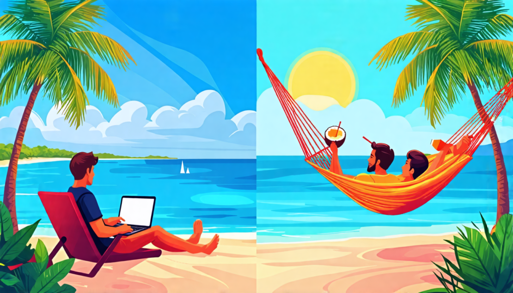 A split-screen image: on one side, a Filipino freelancer working on a laptop at a beautiful tropical beach, palm trees in the background. On the other side