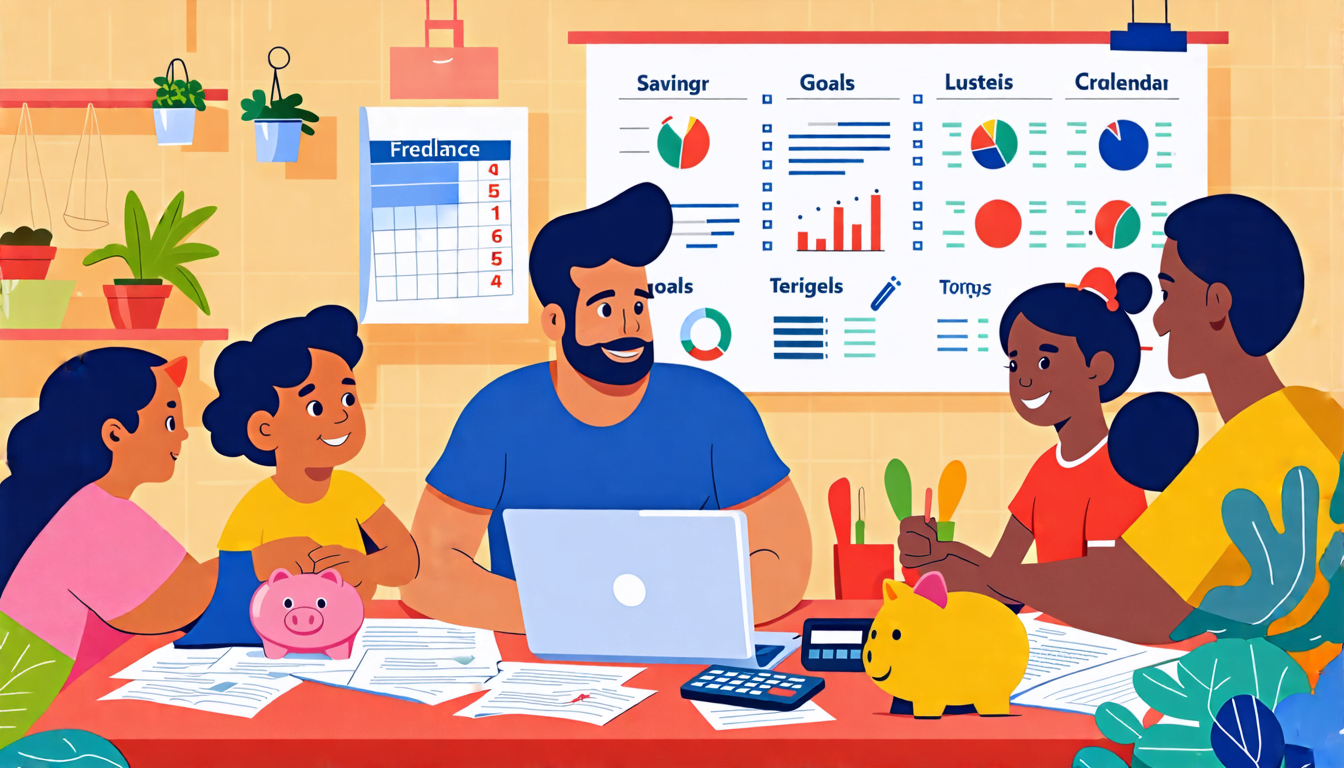 A colorful illustration showing a family gathered around a kitchen table, with a freelancer parent working on a laptop. The table is covered with papers, a