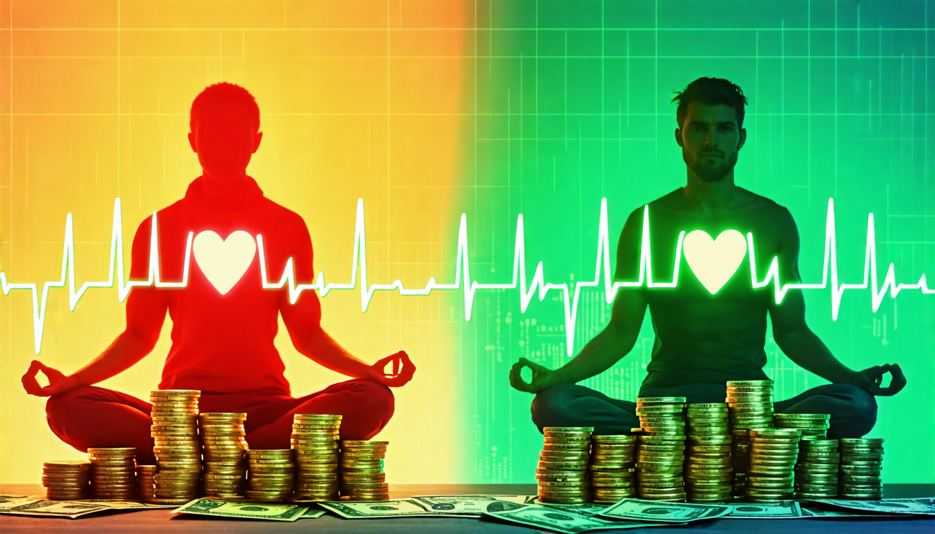 A split-screen image: on one side, a person meditating peacefully on a stack of coins and dollar bills, surrounded by a soft green glow representing financ