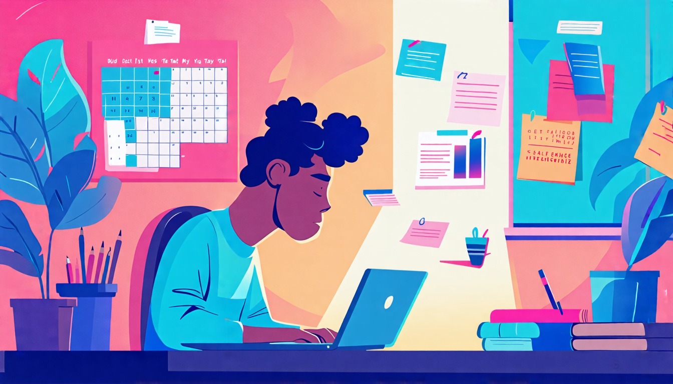 A digital illustration showing a person sitting at a desk with a laptop, looking worried, surrounded by a calendar with many empty days. In the background,