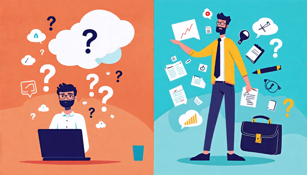 A split-screen image: On one side, a nervous-looking young professional sits at a desk with a laptop, surrounded by question marks and thought bubbles. On