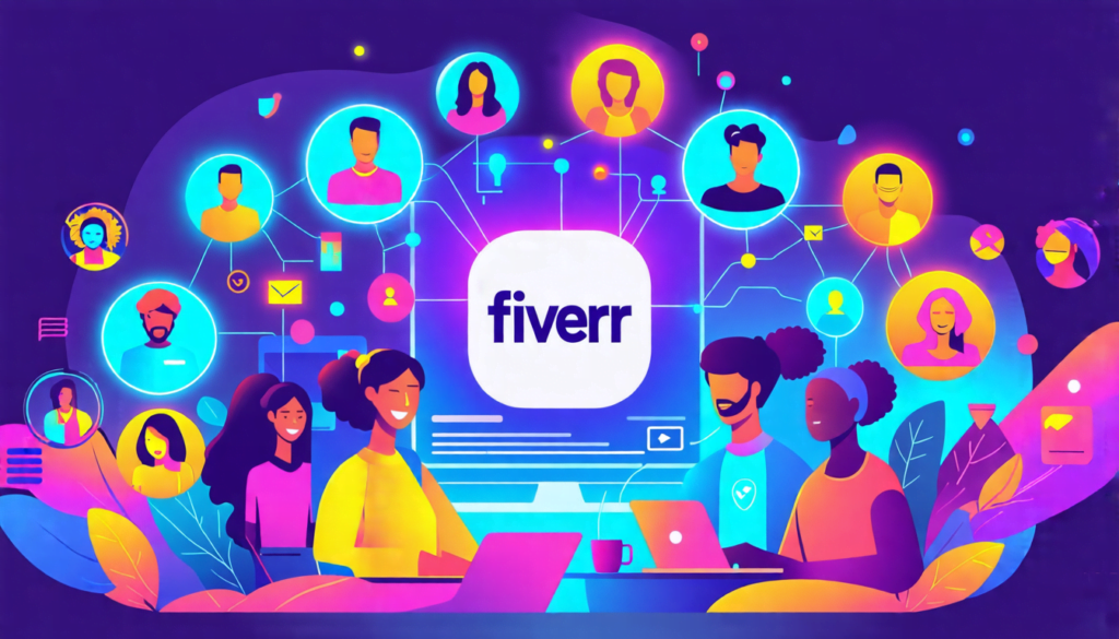 A vibrant digital marketplace scene with various people showcasing their diverse skills as glowing icons above their heads. In the center, a large Fiverr l