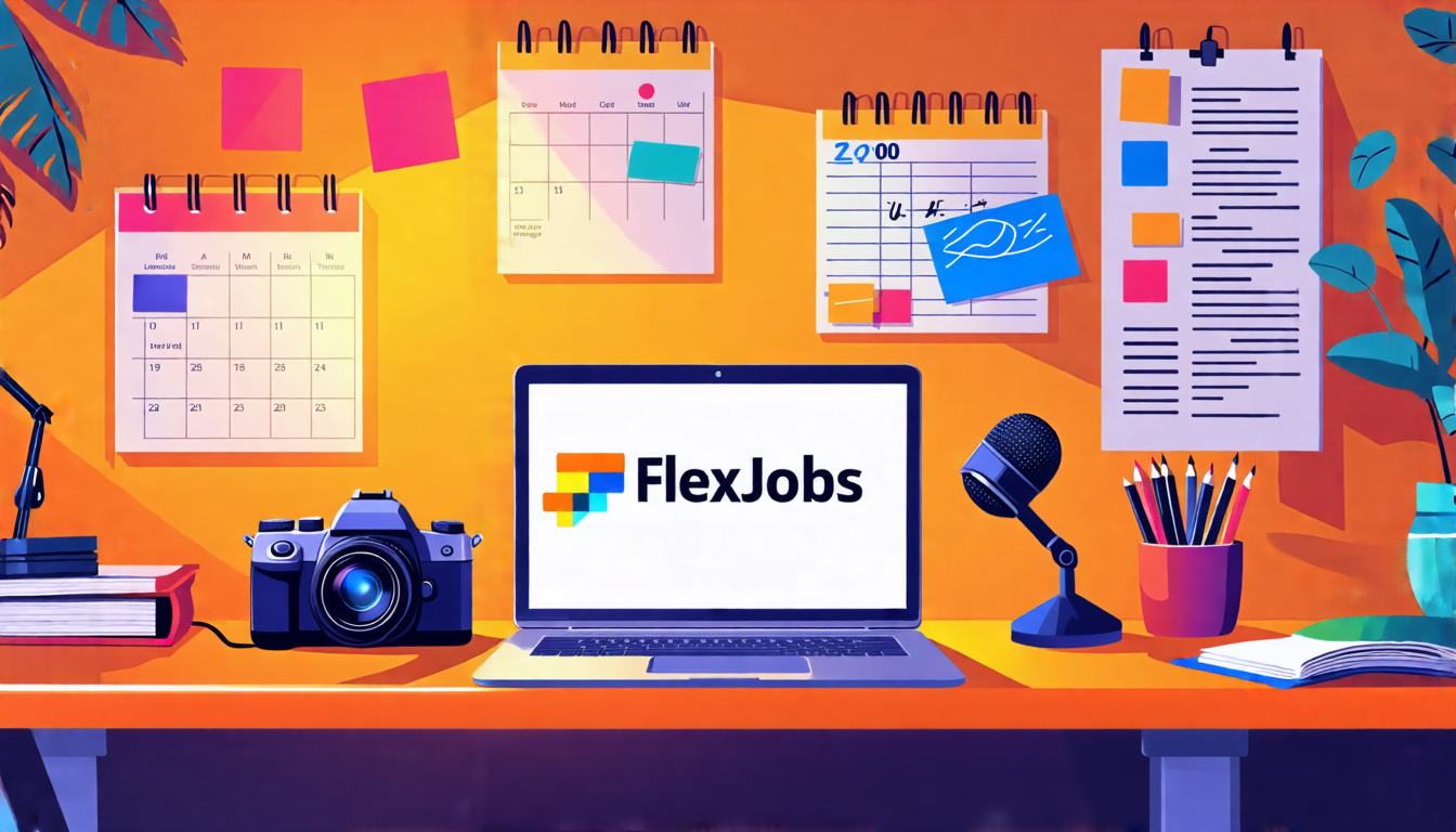 A professional-looking workspace with a laptop displaying the FlexJobs logo on its screen. Various freelance tools and equipment are scattered around, such