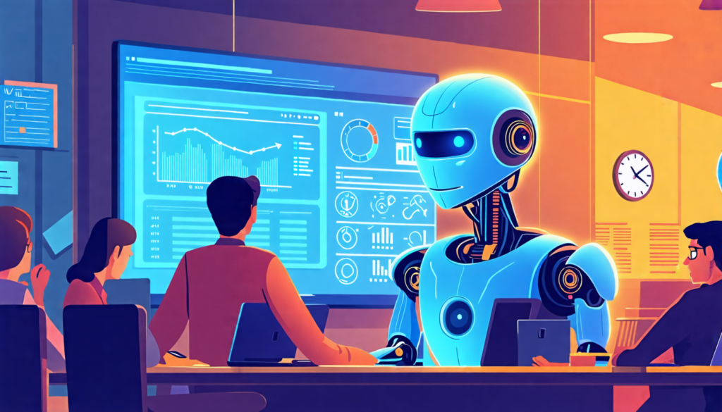 An anxious office environment, where employees are working at their desks, looking concerned and highlighted with a glowing AI robot in the background. The robot is analyzing data on a screen, symboli