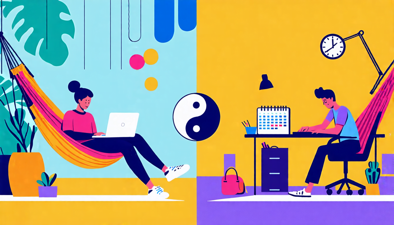 A split-screen digital illustration: On the left side, a freelancer relaxing on a hammock with a laptop, surrounded by a colorful, abstract background repr