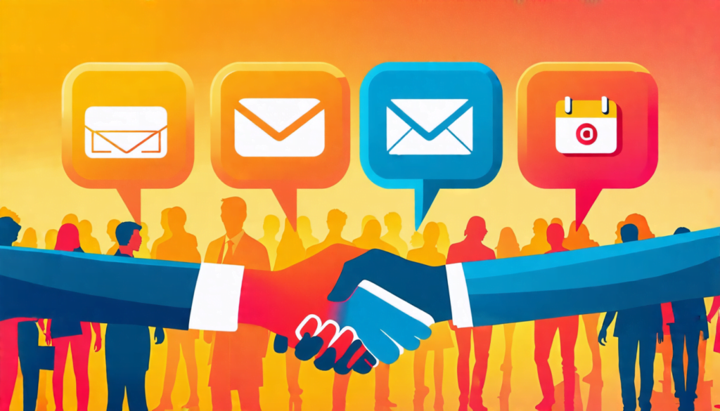 A stylized illustration of a professional shaking hands with another person, with floating speech bubbles above them containing business card icons, email