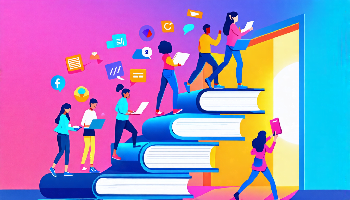 A colorful digital illustration showing a diverse group of people climbing a staircase made of books, laptops, and tools. Each step represents a different