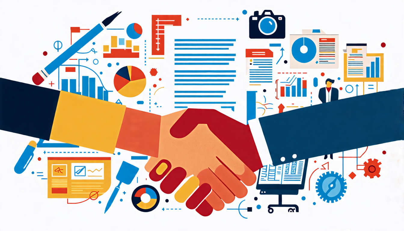 A stylized image of a handshake between a freelancer and an agency representative, with a contract document floating above their hands. The freelancer is d
