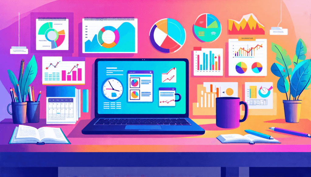 An artistic illustration depicting a modern freelancer's workspace, showcasing various tools and resources for efficiency optimization. Include a laptop with productivity apps on the screen, a well-or