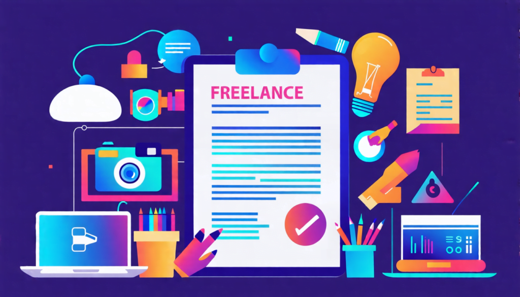 A digital contract document with a freelance logo, surrounded by various freelance work symbols like a laptop, camera, and paintbrush. The contract has a p