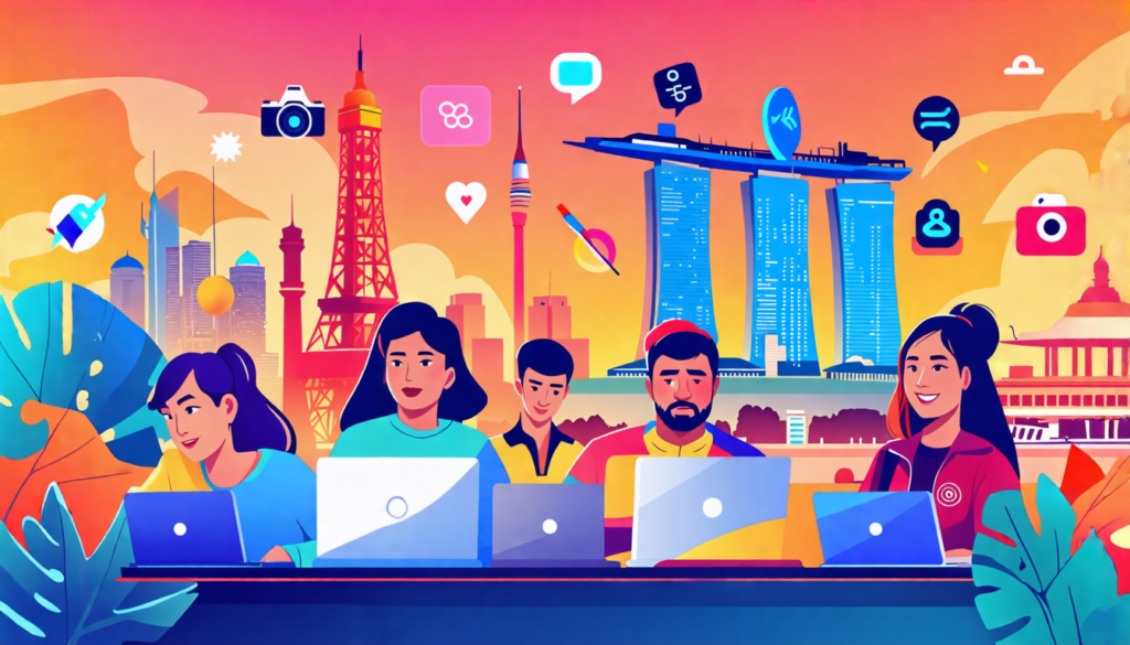 A vibrant digital illustration showing a diverse group of Asian freelancers working on laptops in a modern coworking space. The background features iconic