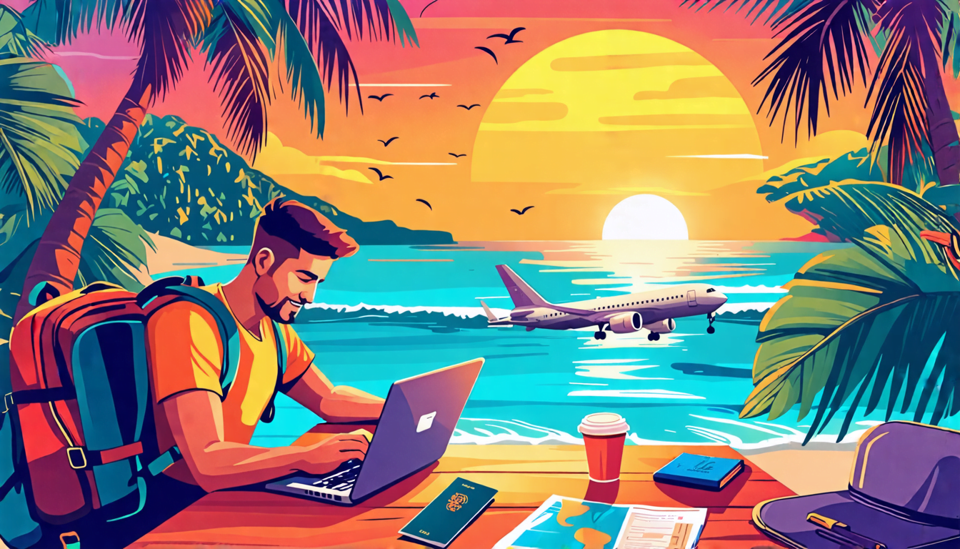 A digital nomad working on a laptop at a beachside café, with a backpack and suitcase nearby. The background shows a tropical beach with palm trees and a s