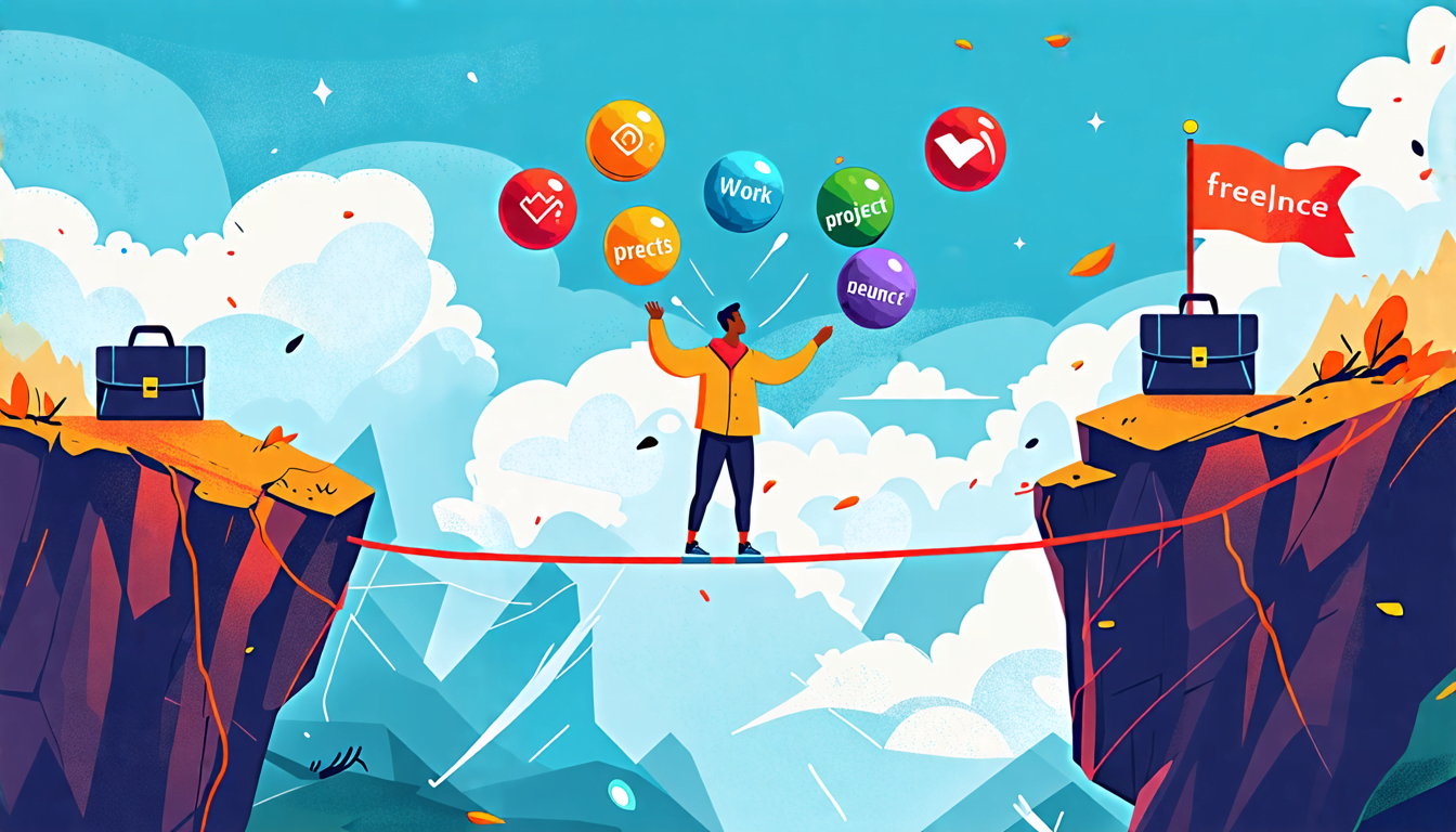 A digital illustration showing a tightrope walker balancing precariously on a thin line between two cliffs. The walker represents a freelancer, juggling mu