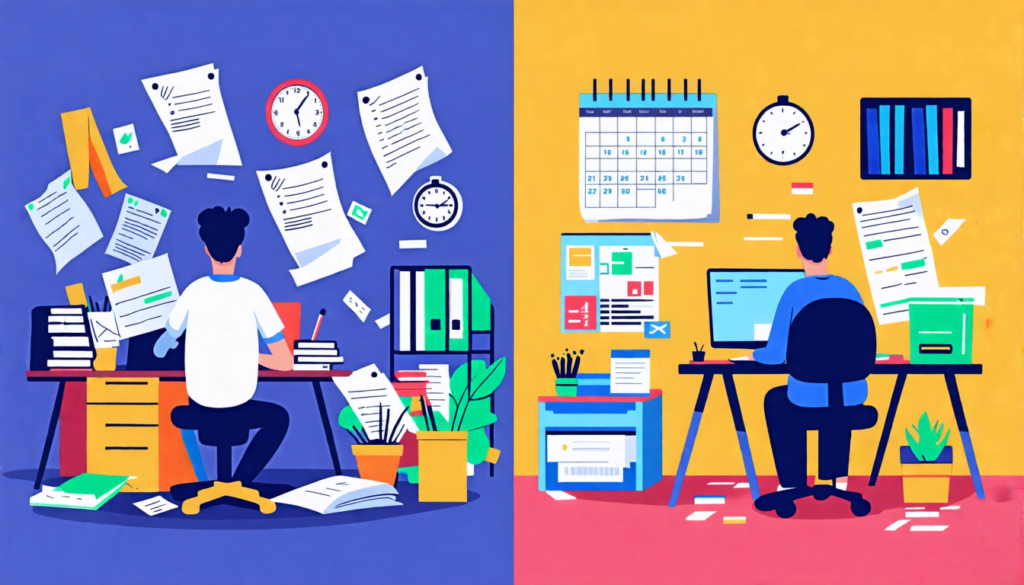 A split-screen image: on one side, a stressed freelancer surrounded by chaos - scattered papers, multiple clocks, and a disorganized workspace. On the othe