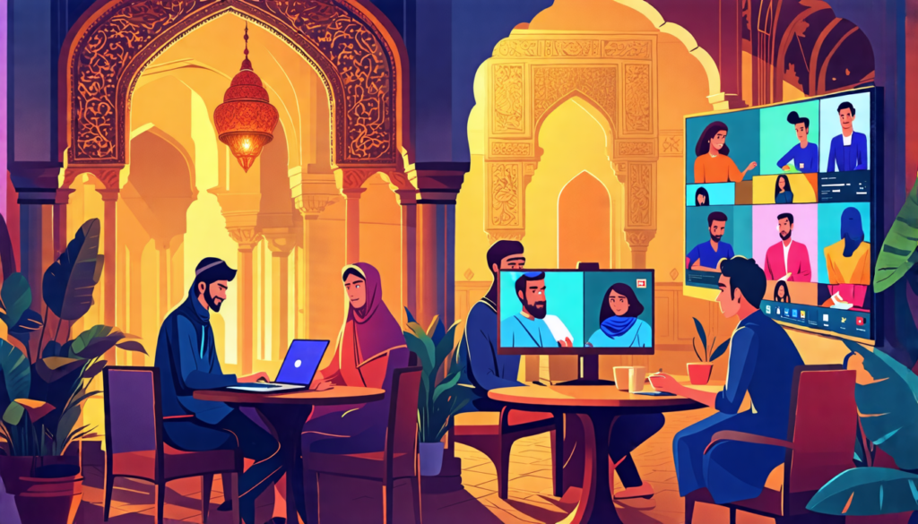 A split-screen image: On one side, a modern freelancer working on a laptop in a traditional Middle Eastern cafe, surrounded by ornate architecture and patr