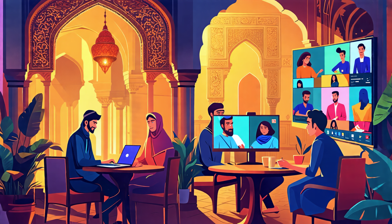 A split-screen image: On one side, a modern freelancer working on a laptop in a traditional Middle Eastern cafe, surrounded by ornate architecture and patr