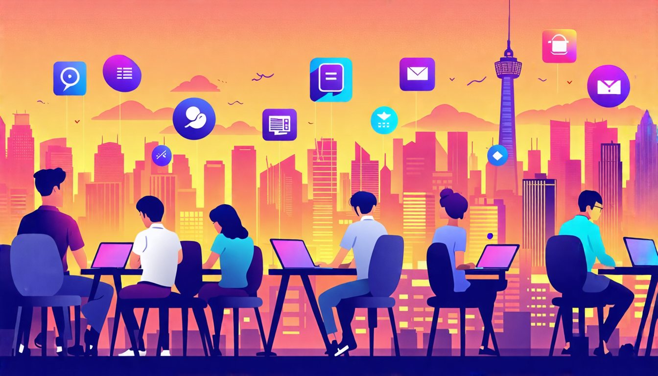 A digital illustration showing a diverse group of young Asian professionals working on laptops in a modern co-working space. The background features iconic